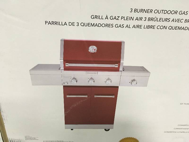 KITCHEN AID 3-Burner Propane Gas Grill in Red with Ceramic Sear Side Burner in good conditions