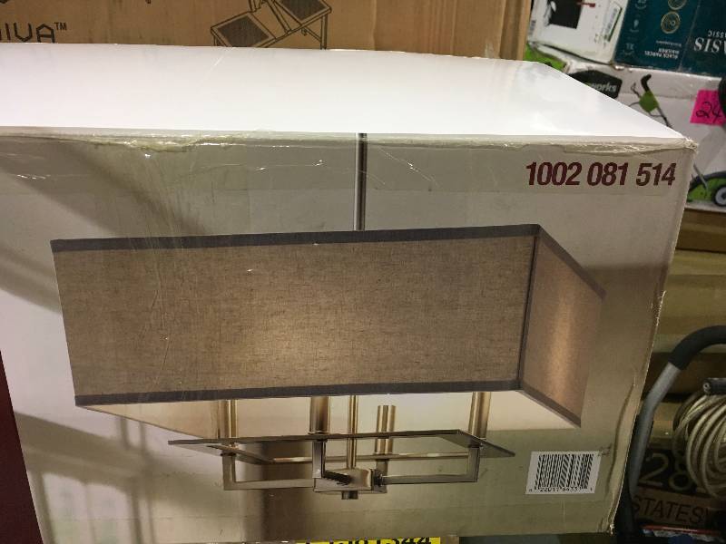 4-Light Brushed Nickel Chandelier with Rectangular Light Gray Linen Shade