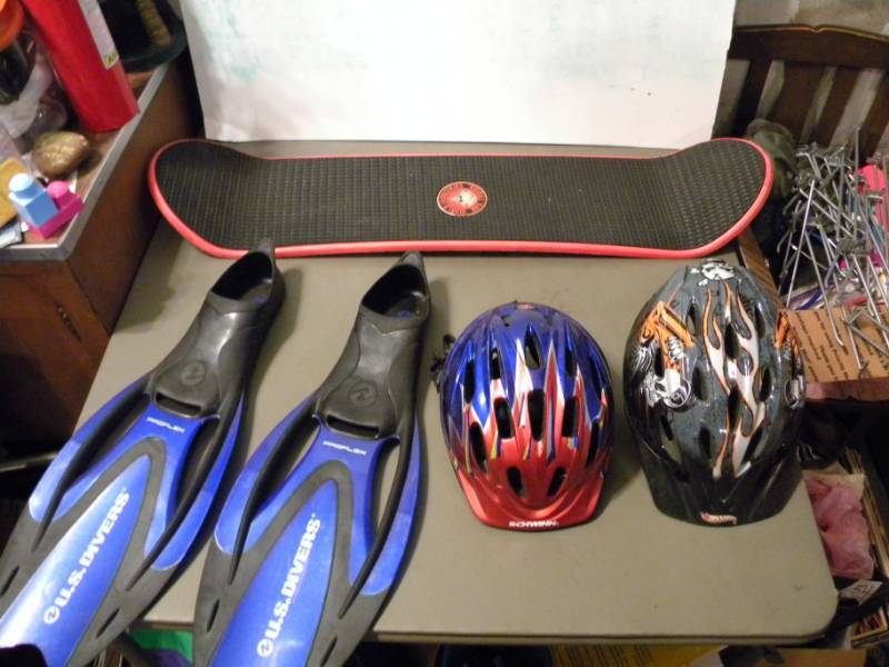 Pair of Fins, Snowboard & 2 Bike Helmets