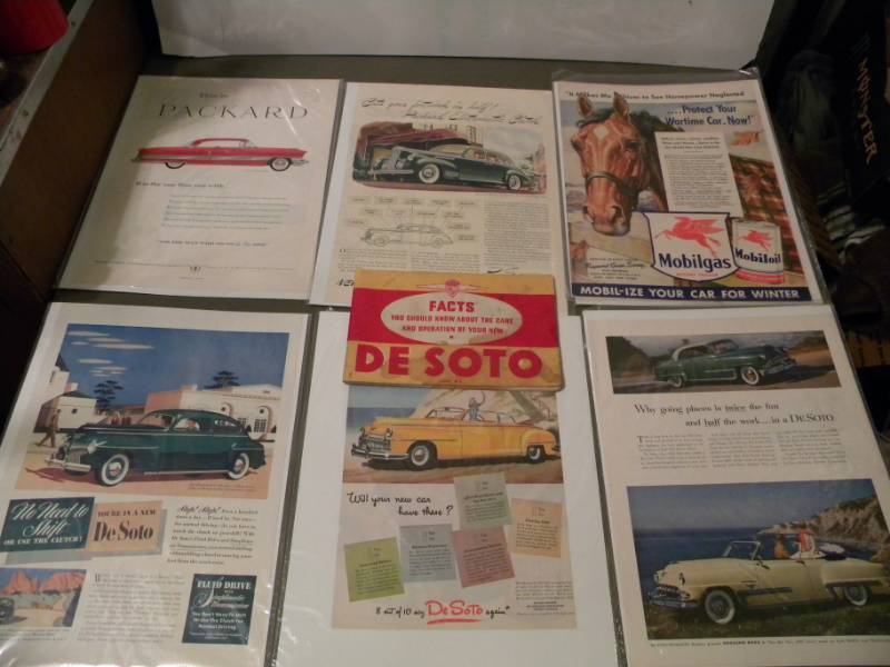 6 Vintage DeSoto, Packard & Mobil Ads & Desoto Manual