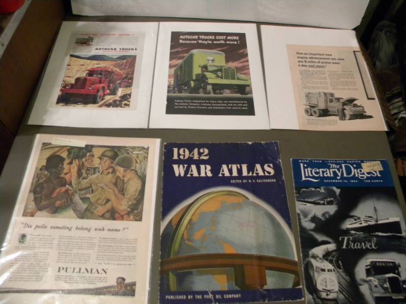 4 Vintage Ads, 1942 War Atlas & 1934 Literary Digest