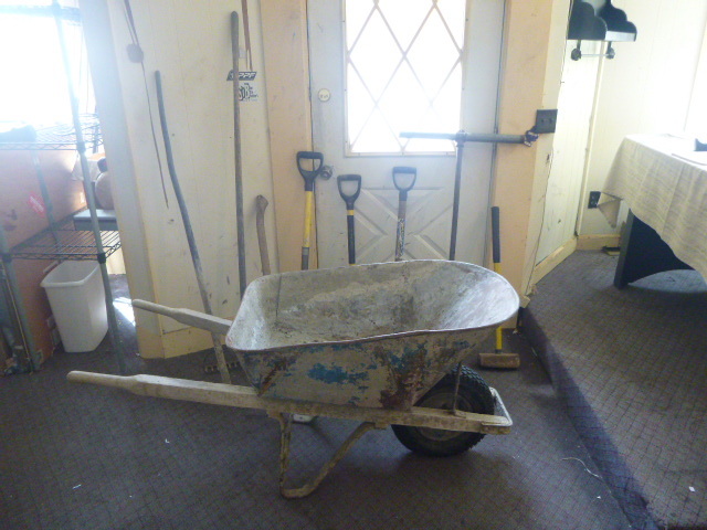 lot 44 image: Cement Wheel Barrow and Tools