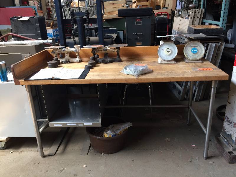 lot 105 image: Commercial bakery table with butcher block top