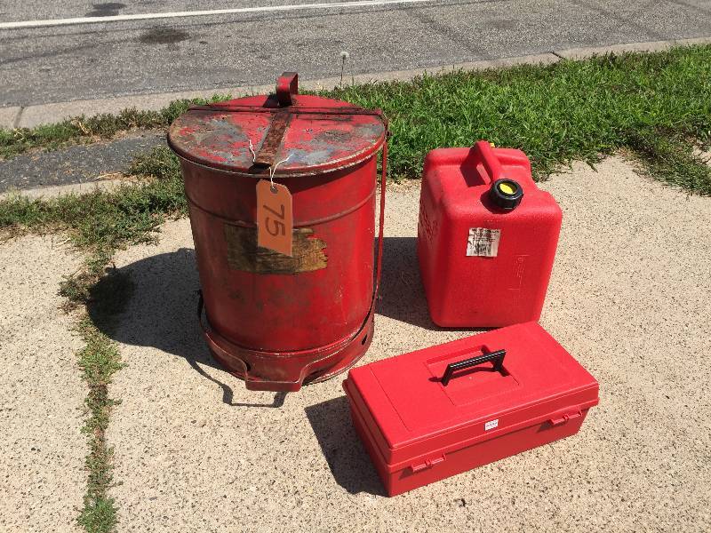 lot 75 image: Fire Safety can, 5 Gallon gas can and new Plano tool box