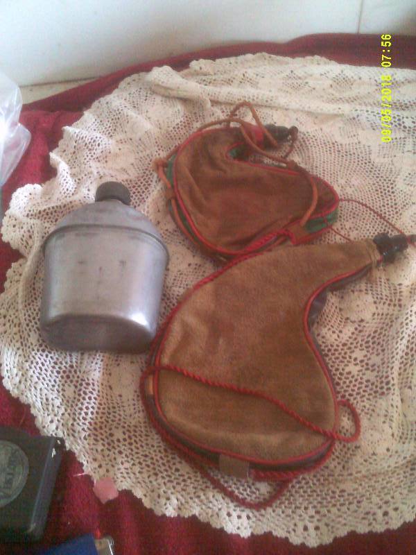 2 VINTAGE LEATHER FLASKS AND 1 METAL CANTEEN