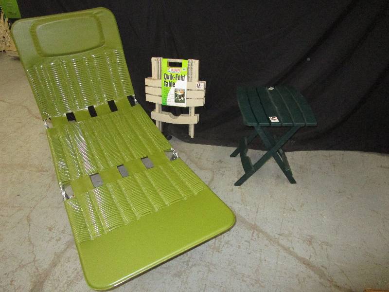 lot 144 image: Beach Lounger along with 2 plastic patio side tables