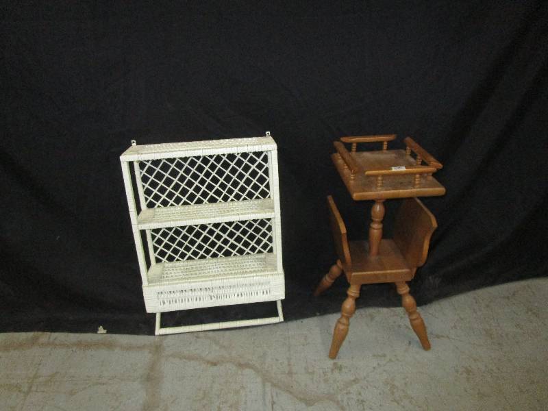 lot 145 image: Wite bathroom shelve 26 tall X 18 wide X6.5 deep along with nice wooden magazine rack 25 tall X 11 wide X 13 deep