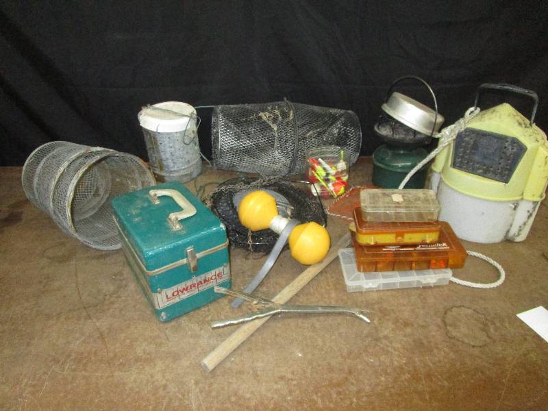 lot 81 image: Bobbers, traps, baskets, nets, depth finder, tackle and more