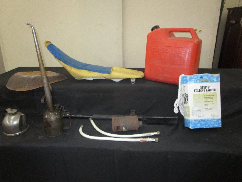 lot 89 image: folding boat ladder, gas can, oil cans and misc