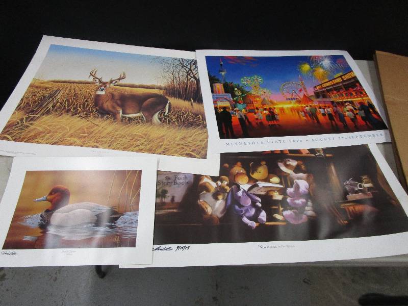 lot 95 image: 4 Prints Deer Fall Lookout 435650 Numbered and signed 26 12 x 20 12 , Duck Sunlit Swim Signed 15 x 11, Pooh Nocturne Signed 29 x 16 12 and State Fair Poster 24 x 16