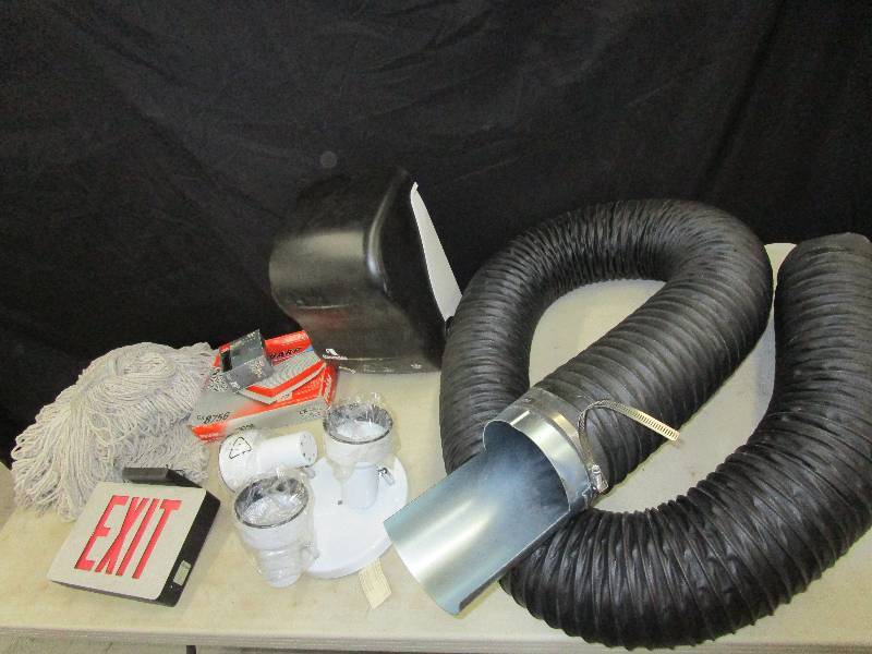 lot 97 image: Mop Heads, Paper Towel Dispenser, Light, Extension Hose and And Exit Sign