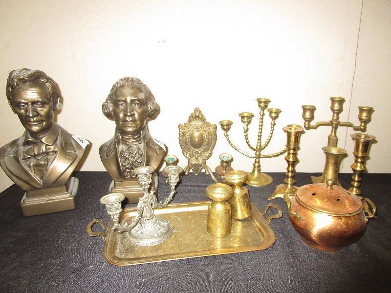 lot 99 image: Lincoln and Washington Statues 1 ft hight  and a box of Copper and Brqss Pieces and misc