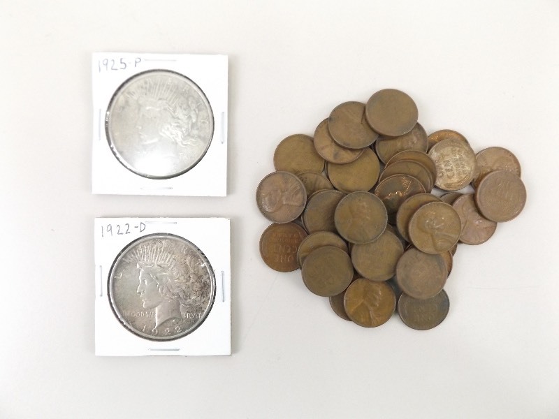 1922-D, 1925-P Silver Peace Dollars, and 36 Wheat Pennies