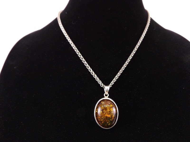 .925 Sterling Silver Necklace and Amber Type Pendant