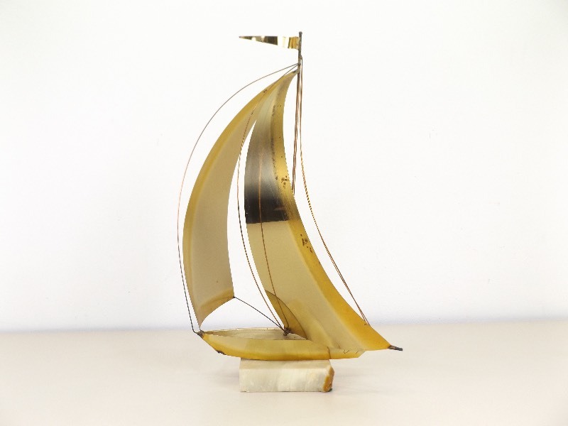 Large Artist Signed Brass Sailboat Sculpture