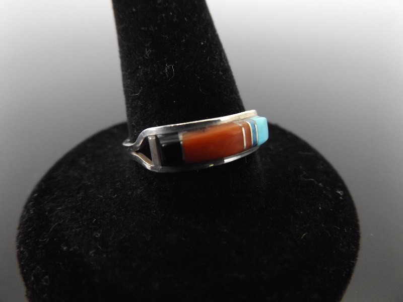 .925 Sterling&nbspSilver&nbspSouthwestern Style Ring with Turquoise, Red Coral, and Black Onyx Size 8.75