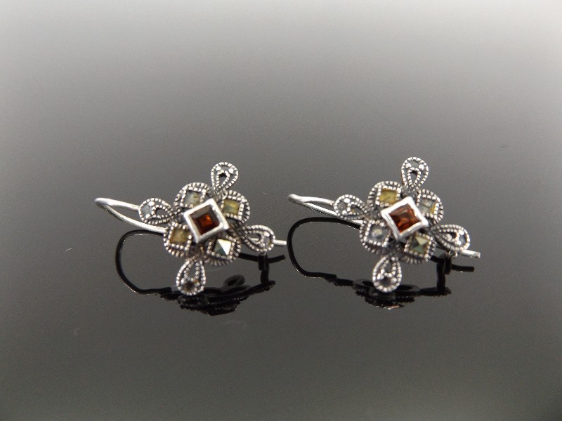 .925 Sterling Silver Red Garnet Marcasite Earrings