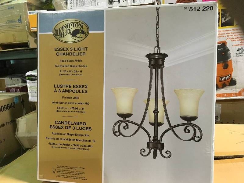 HAMPTON BAY Essex 3-Light Aged Black Chandelier with Tea Stained Glass Shades not used