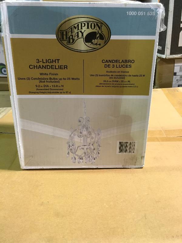 Hampton Bay  3-Light White Mini Chandelier with Crystal Drops and Crystal Bead Strands New