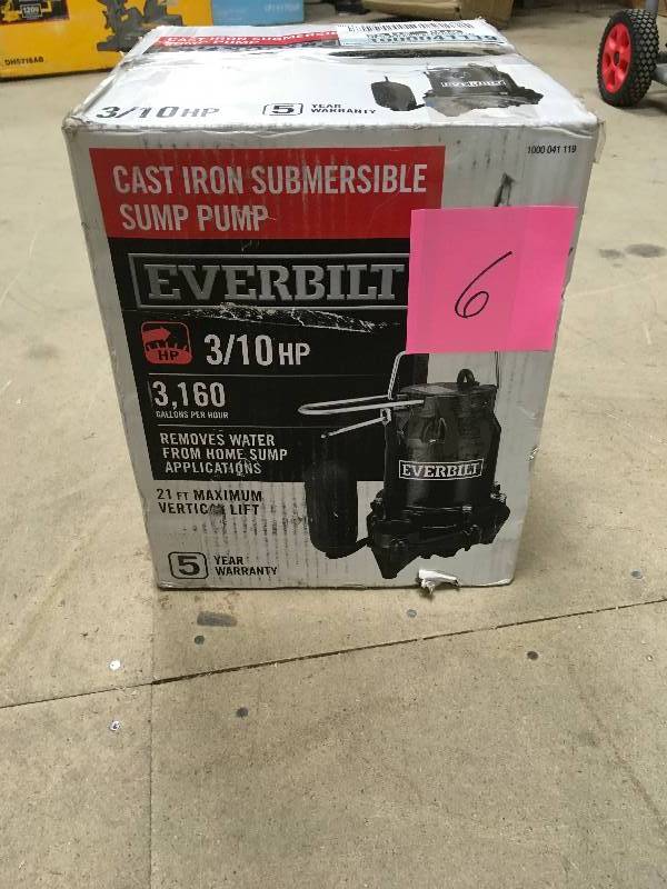 lot 6 image: EVERBILT 310 HP Cast Iron Sump Pump in good conditions