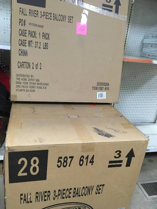lot 12 image: Hampton Bay Fall River 3-Piece Bar Height Patio Dining Set with Chili Cushions openm box not used