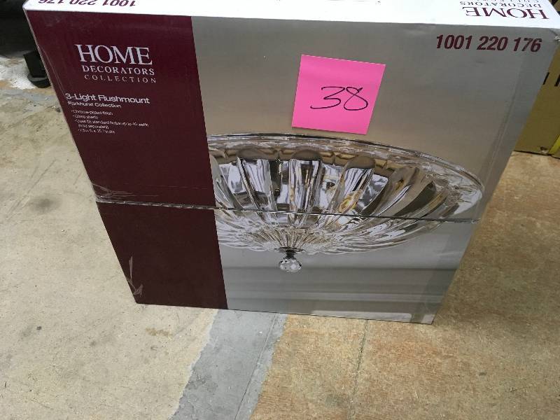 lot 38 image: Hampton Bay Vintage Collection 15.75 in. 3-Light Chrome Flushmount with Glass Shade not used