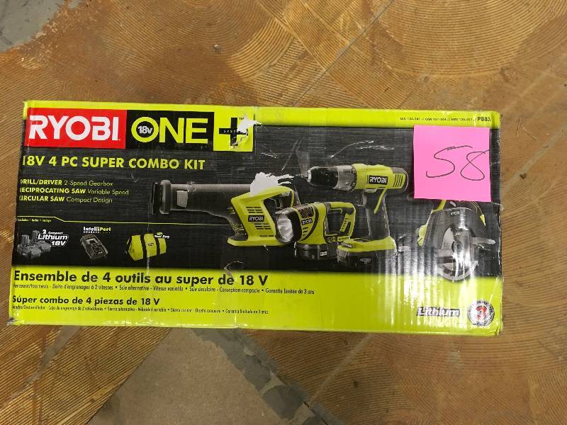 lot 58 image: RYOBI 18-Volt ONE Lithium-Ion Cordless Super Combo Kit (4-Piece) USED In  good working  condition