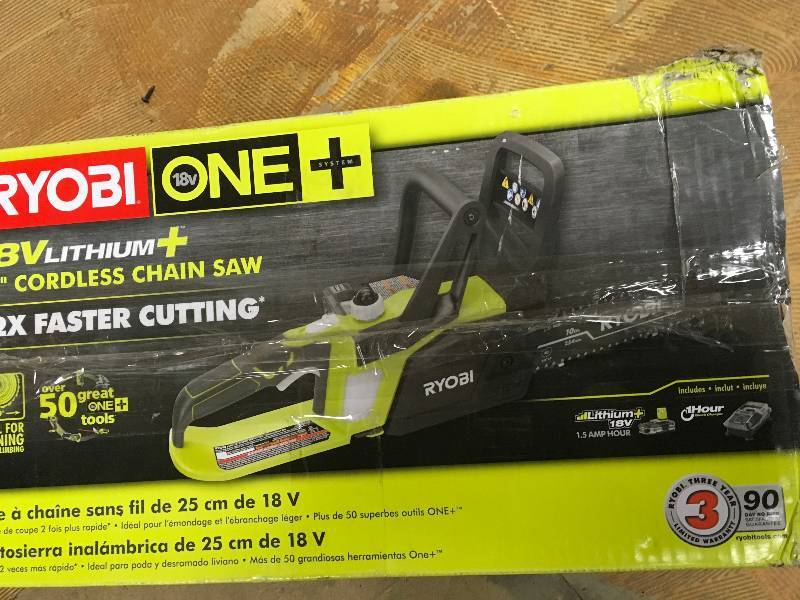 lot 59 image: RYOBI ONE Lithium 10 in. 18-Volt Lithium-Ion Cordless Chainsaw - 1.5 Ah Battery and Charger Included in good conditions