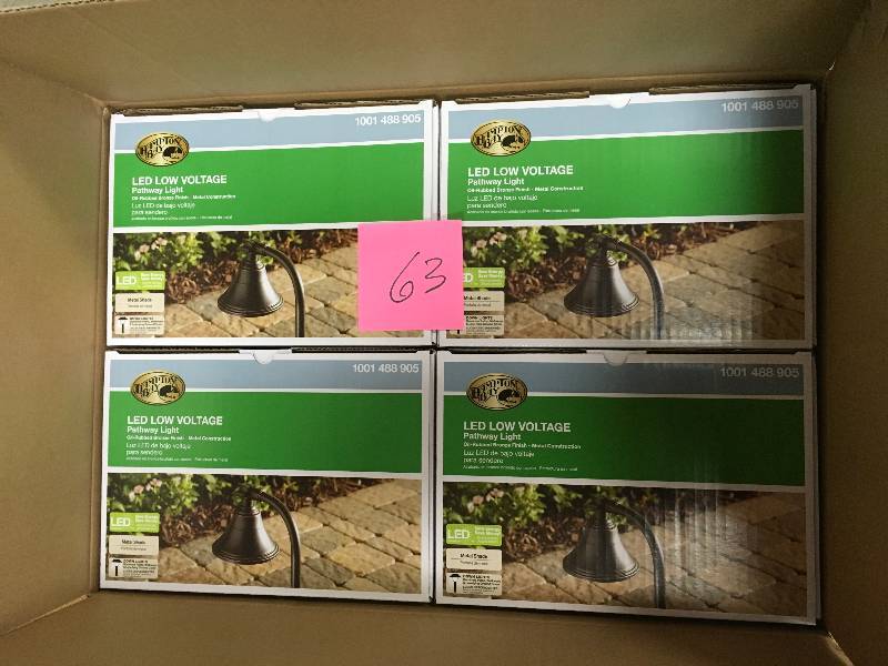 lot 63 image: Hampton Bay Low-Voltage 10-Watt Equivalent Oil-Rubbed Bronze Outdoor Integrated LED Landscape Path Light with Metal Shade 4 Pack New