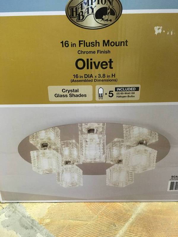 lot 64 image: Hampton Bay Olivet 16 in. 5-Light Chrome Flushmount with Cube Glass Shades New