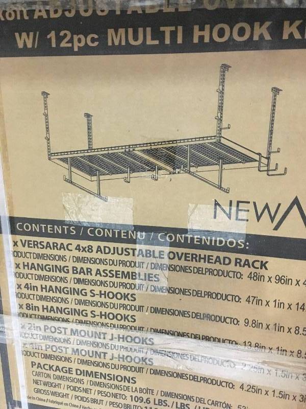 lot 97 image: NewAge Products Performance 96 in. L x 48 in. W x 42 in. H Adjustable VersaRac Ceiling Storage Rack in White not used