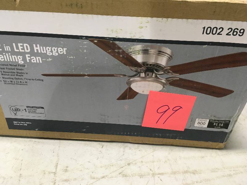 lot 99 image: Hugger 52 in. LED Indoor Brushed Nickel Ceiling Fan with Light Kit Missing one piece