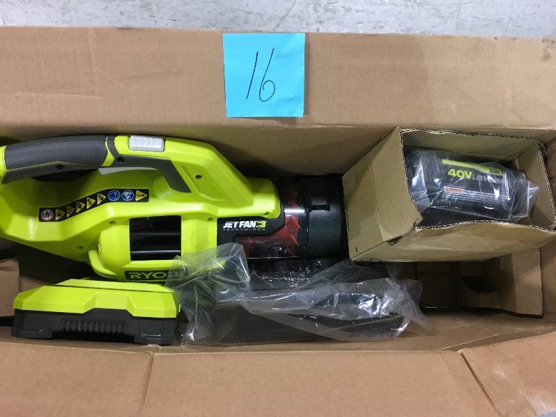 lot 16 image: Ryobi 110 MPH 480 CFM Variable-Speed 40-Volt Lithium-Ion Cordless Jet Fan Leaf Blower - 3.0 Ah Battery and Charger Included not used