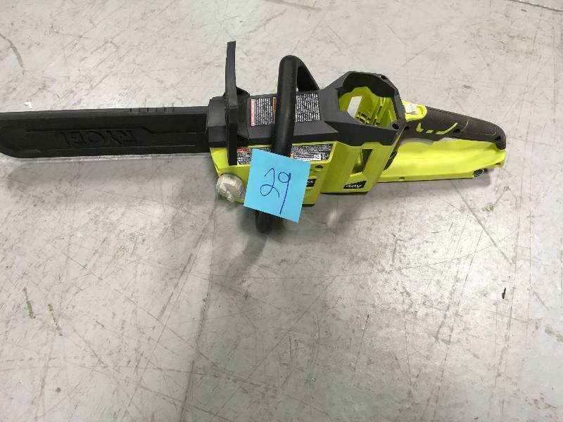 lot 29 image: Ryobi 14 in. 40-Volt Brushless Lithium-Ion Cordless Chainsaw Battery and Charger Not Included in working conditions