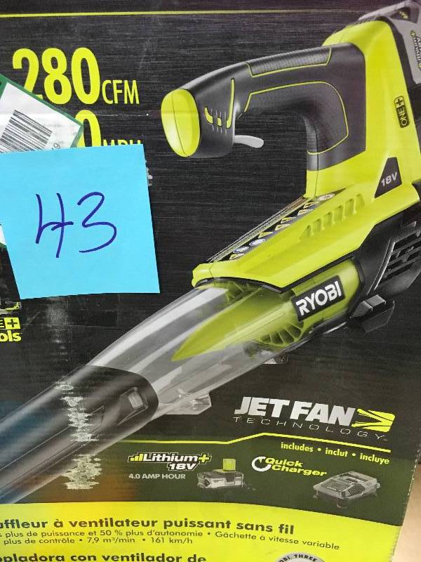 lot 43 image: Ryobi 110 MPH 480 CFM Variable-Speed 40-Volt Lithium-Ion Cordless Jet Fan Leaf Blower  in working conditions