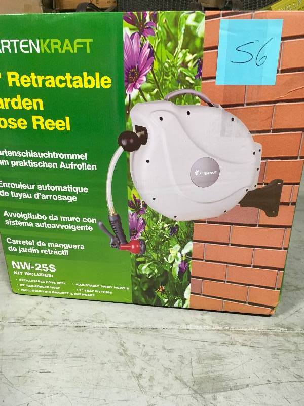 lot 56 image: Gartenkraft 82 ft. Retractable Garden Hose Reel NW Series Includes Hose and Spray Nozzle not used