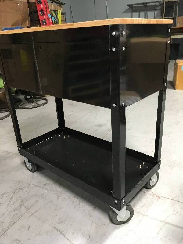 lot 61 image: Husky 36 in. 3-Drawer Rolling Tool Cart with Wood Top, Black no keys in good conditions