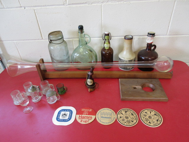 lot 418 image: VINTAGE LIQUOR BOTTLES, YARD OF BEER, SHOT GLASSES AND MORE