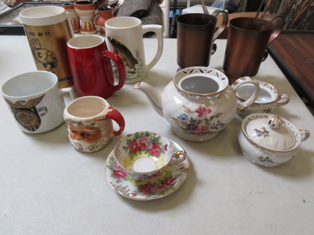 lot 430 image: BRONZE CUPS, PORCELAIN TEA SET, & ASSORTED MUGS