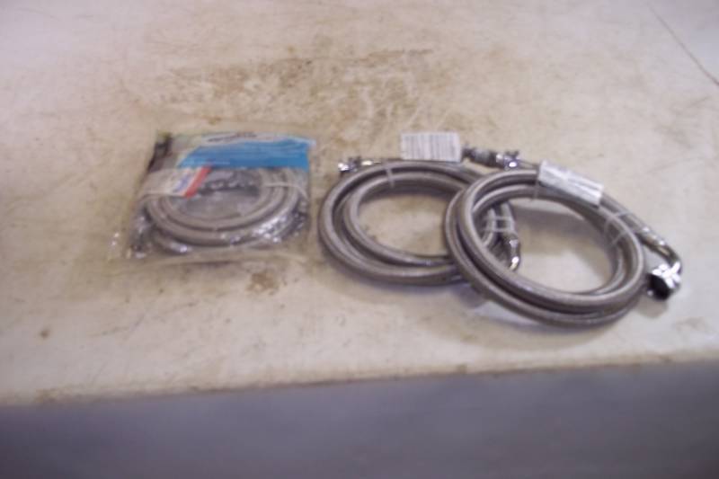 lot 81 image: 2 ea. 34in X 34in X 6ft Washing Machine Water Connectors, 1 - 10ft Stainless Steel Ice Maker Water Line Connector