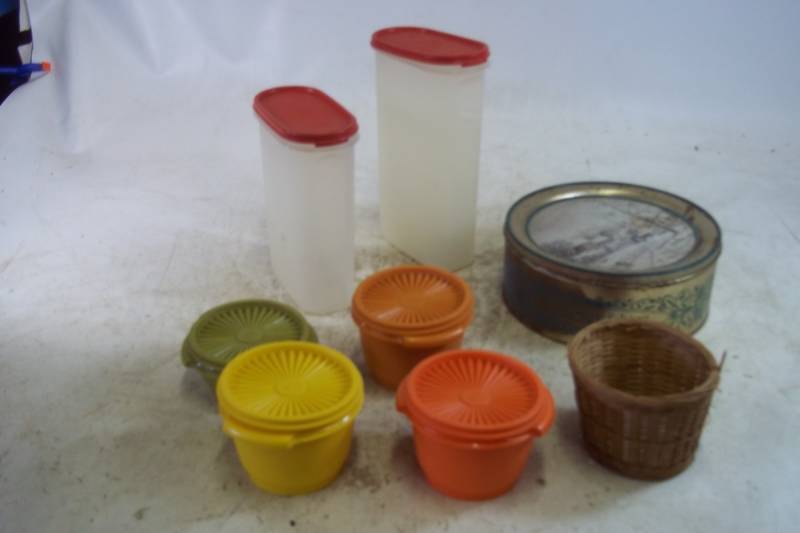 lot 131 image: Tupperware Containers, Wicker Basket, Round Tin