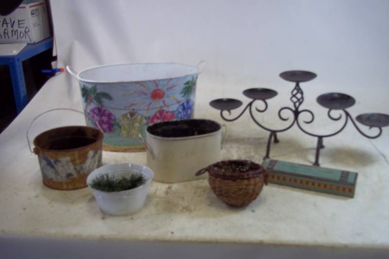 lot 132 image: Assorted Flower Tins, Candle Holder, Small Wicker Basket, Vintage Egyptian Cigarette Tin
