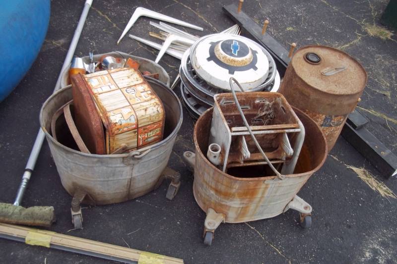 lot 136 image: Metal Mop Buckets, Shelf Brackets, Hub Caps, Metal Can, Misc. Lights, Wood Coat Hanger, etc.