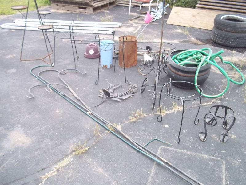lot 143 image: Plant Stands, Sheppards Hooks, Metal Planter, Garden Hose, and Misc.
