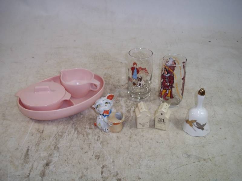lot 205 image: Watertownware Pink Set, Annie Burger King Glasses, Otagiri Bell, Grain Mill S&P, Dog Toothpick holder