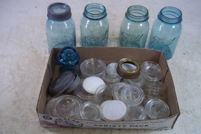 lot 210 image: Blue Canning Jars, Lids, Blue Glass Insulator, Zinc Lid, Glass Canning Lids