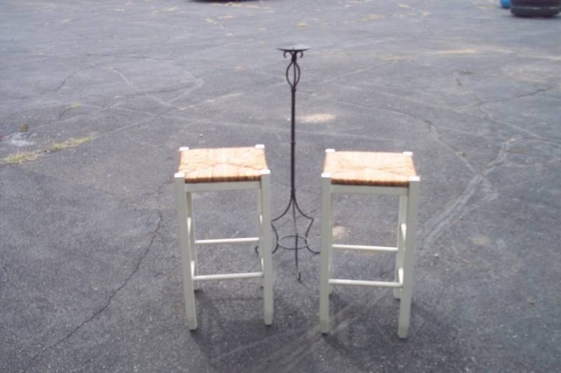lot 256 image: 2 Stools with Wicker Seats. 25 12 Tall. Candle Stand.
