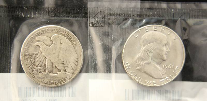 2 HALF DOLLARS 1939-D FINE & 1961-D AU SEALED IN LITTLETON PKG