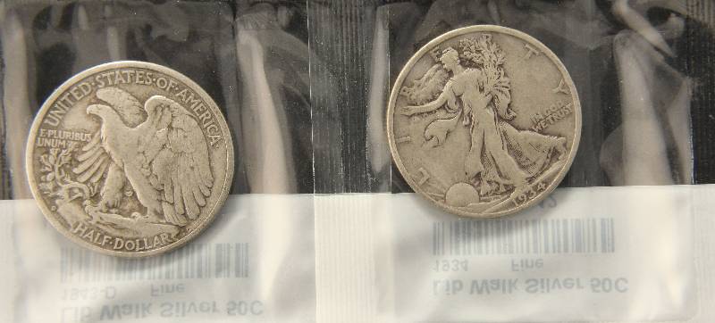 2 SILVER HALF DOLLARS 1934, 1943-D BOTH FINE SEALED IN LITTLETON PKG