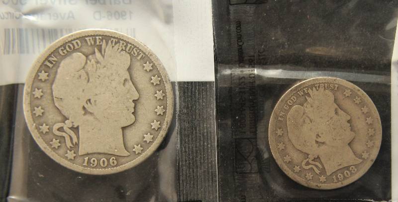 2 US BARBER COINS 1908-D 25C & 1906-D 50C SEALED